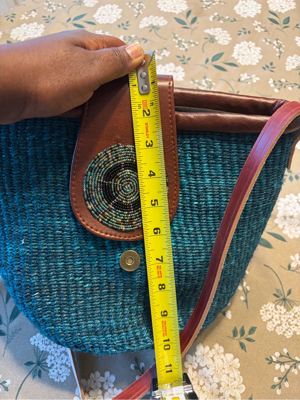 Teal Woven Clutch with Brown Leather Trim and Beaded Accent - Picture 5 of 8